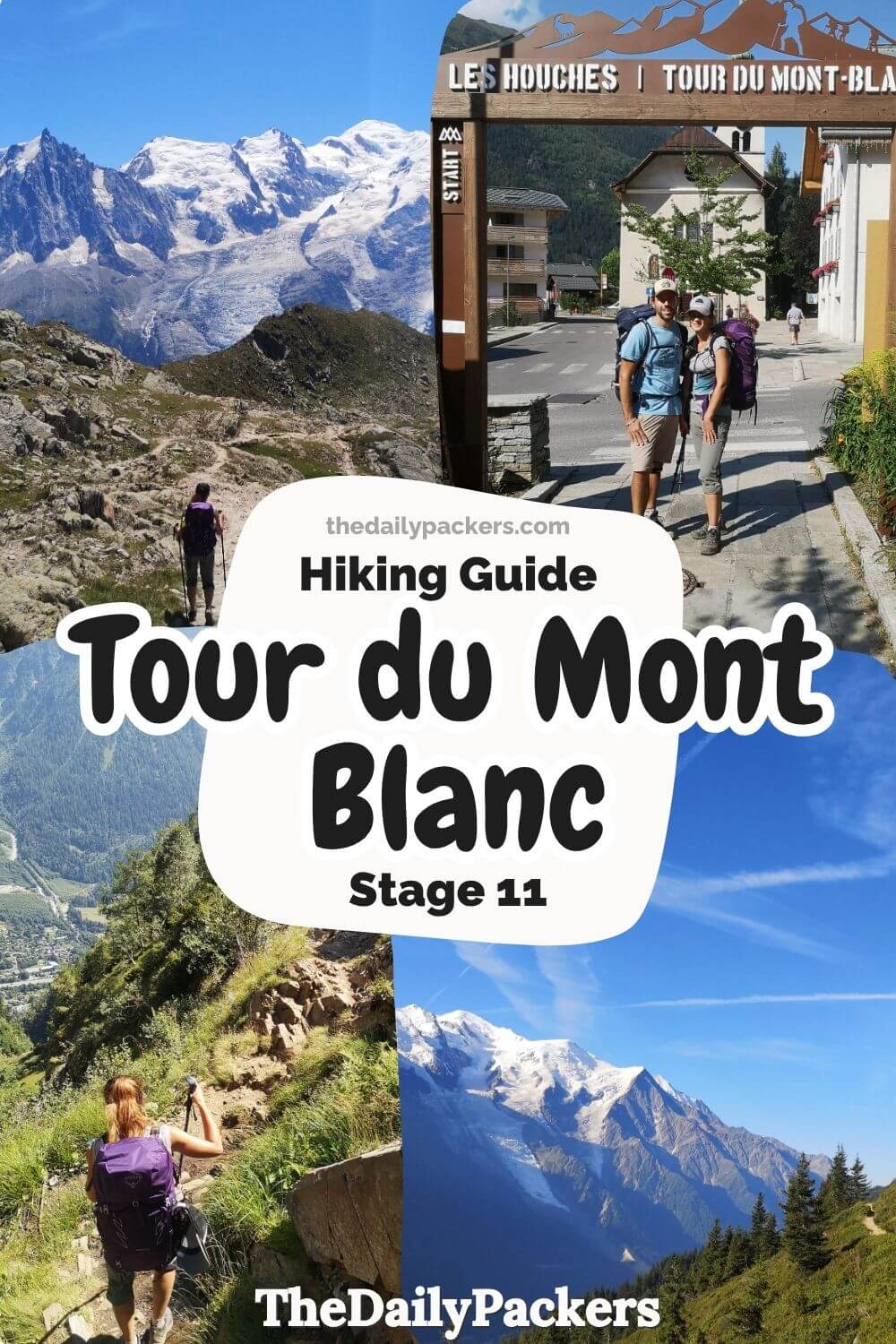 Collage showing trail signage, the start/finish gate, a forest hike, and the snowy Mont Blanc peak.