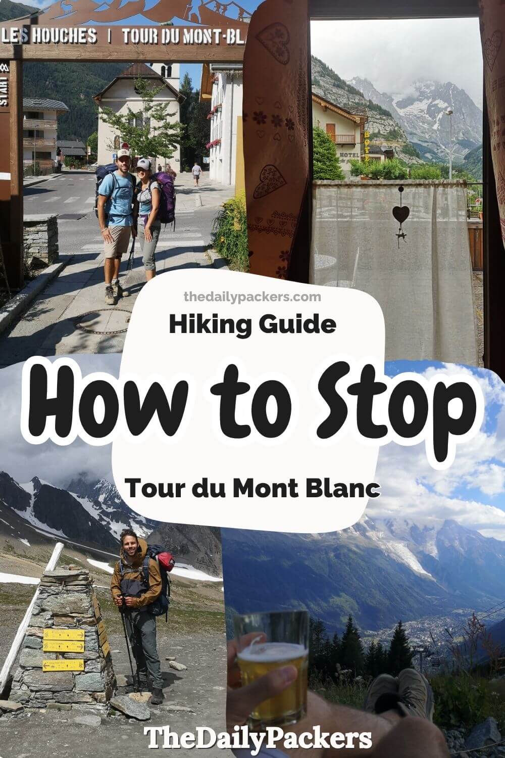 Collage of the start gate, a hotel view, a hiker at a yellow signpost, and a view of the valley with a beer.