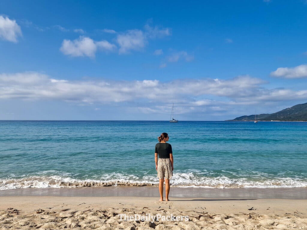 Turquoise waters and a white sand coastline at the beautiful Cupabia Beach in Corsica.