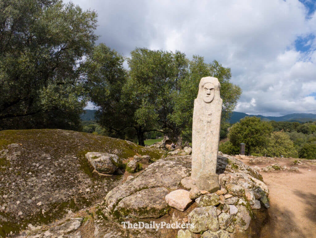 A prehistoric anthropomorphic stone statue menhir standing in a grassy field at Filitosa.