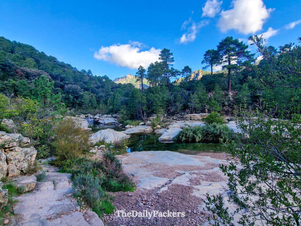 Natural rock pools filled with clear river water in the scenic Cavu Valley near Porto-Vecchio.