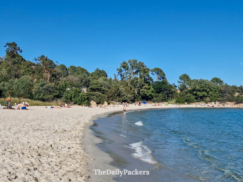 A scenic stroll along the white sandy shoreline and clear sea at Palombaggia Beach, Corsica.