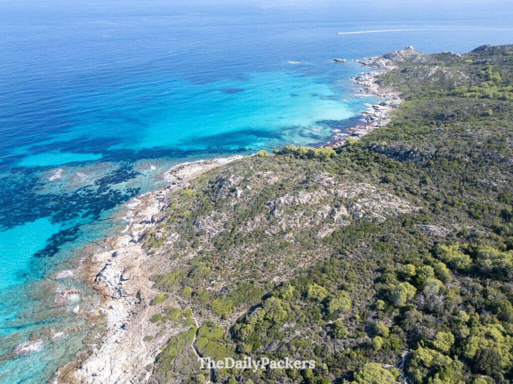 Aerial view of a sandy trail surrounded by green shrubs between Saleccia and Lotu Beach.