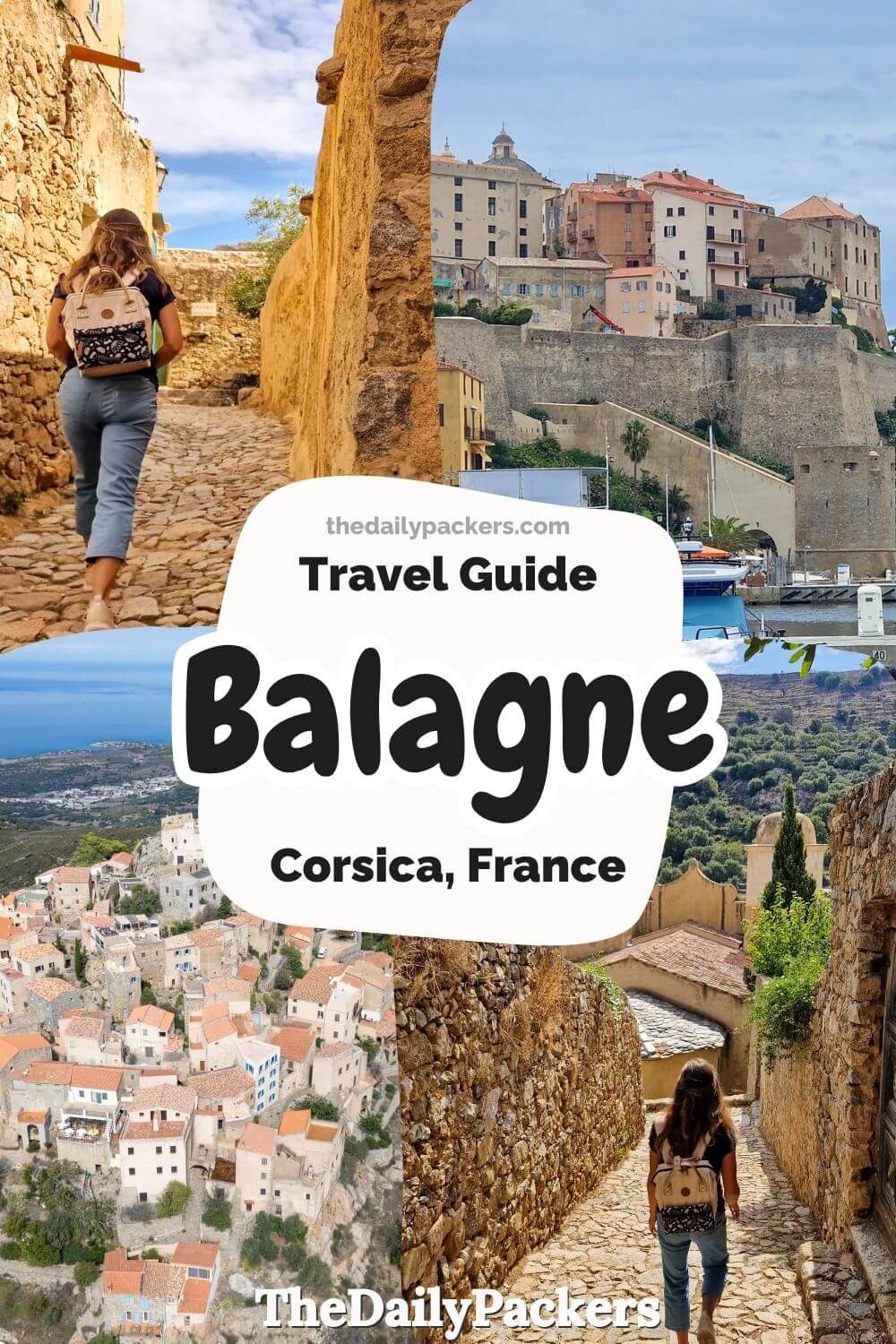 A traveler walks through stone village alleys toward the historic Calvi citadel by the sea.