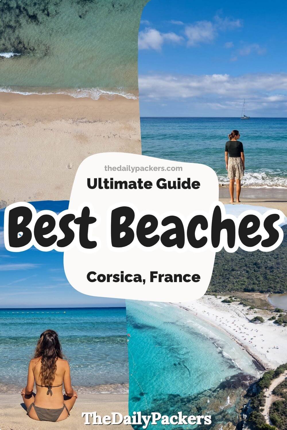 Aerial and ground views of crystal clear turquoise water and white sand Mediterranean shores.