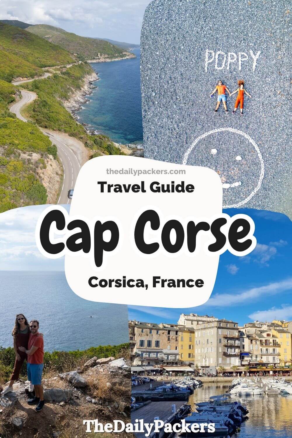 Winding coastal roads, a scenic harbor with boats in Bastia, and mountainous seaside views.