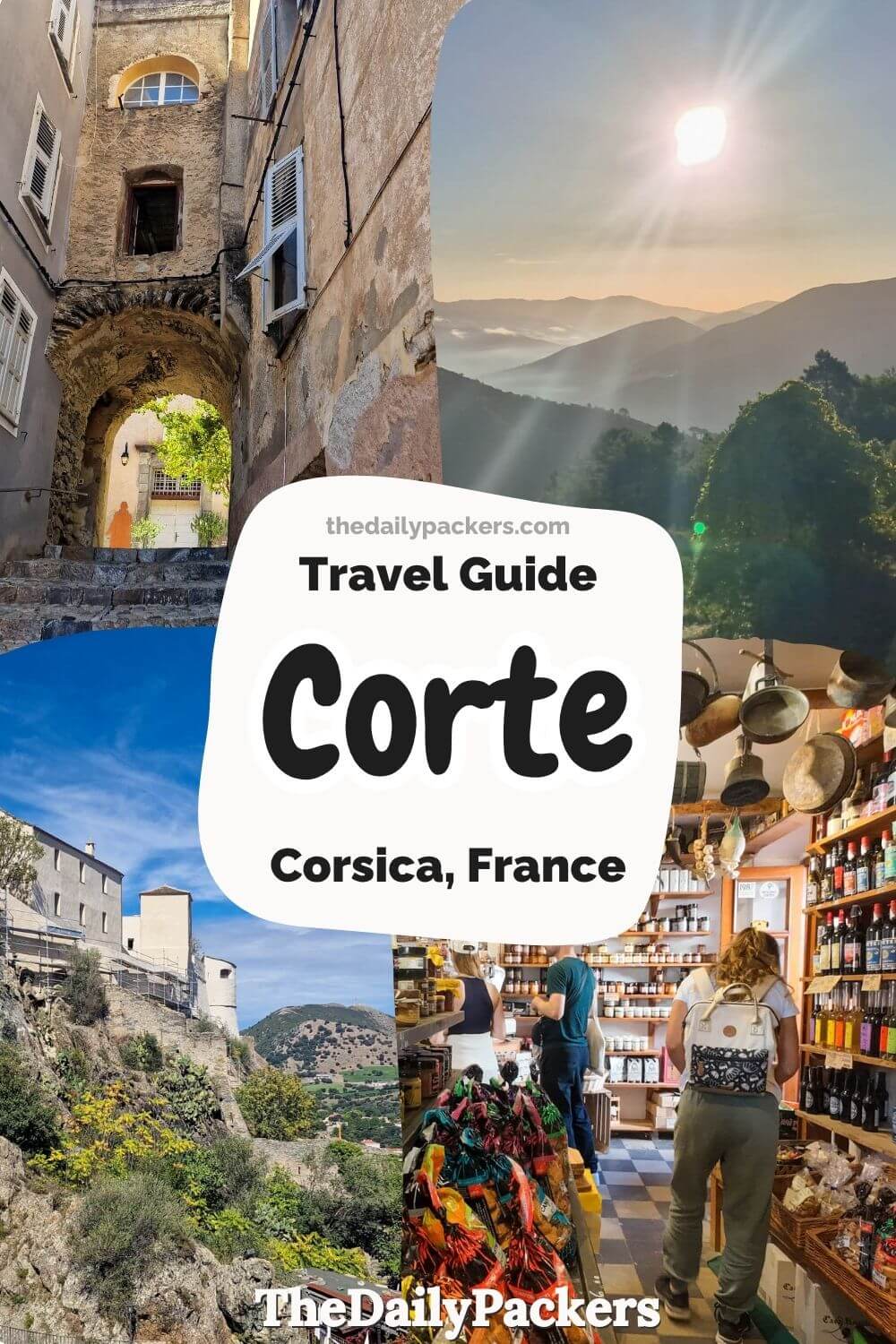 A historic stone archway, mountain sunrise, and a local Corsican specialty food shop.
