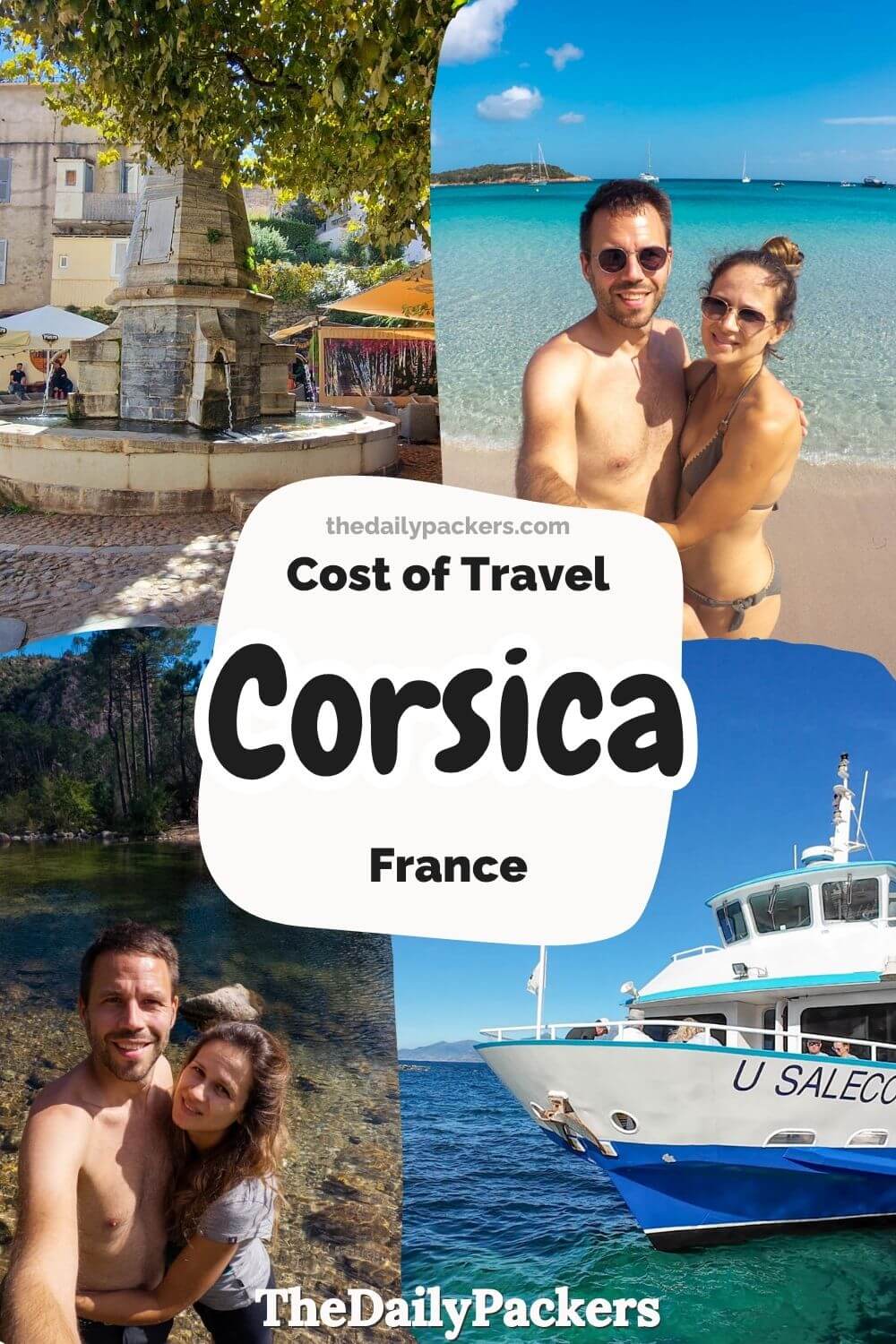 A town square fountain, beach days, and a tourist ferry boat on the blue Mediterranean water.