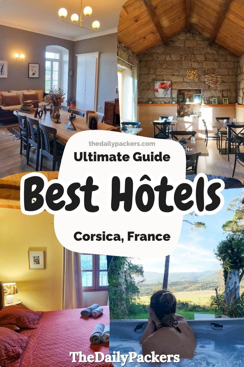 Stylish boutique room interiors and a traveler enjoying a mountain-view outdoor hot tub.