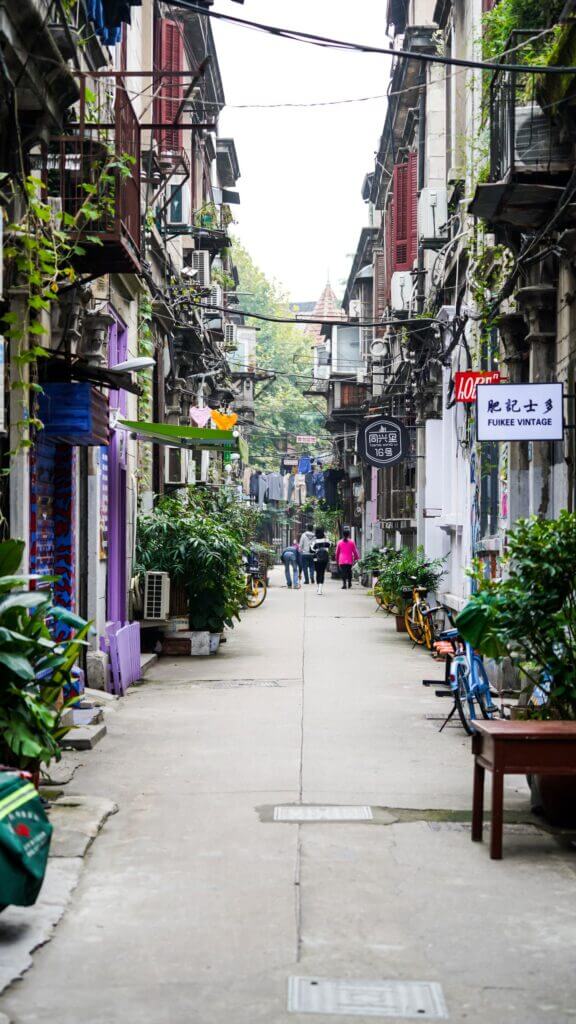 Une ruelle urbaine animée bordée de boutiques, de plantes et de piétons dans un cadre urbain dynamique.