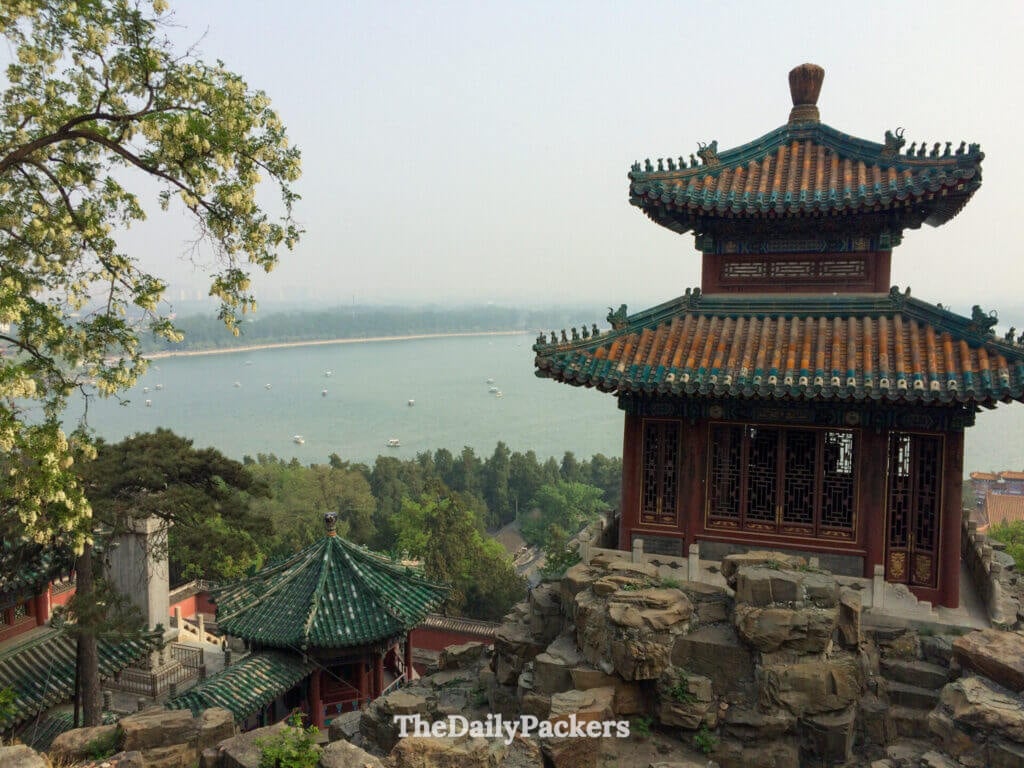 Ornate Summer Palace pavilion overlooking Kunming Lake from Longevity Hill, Beijing