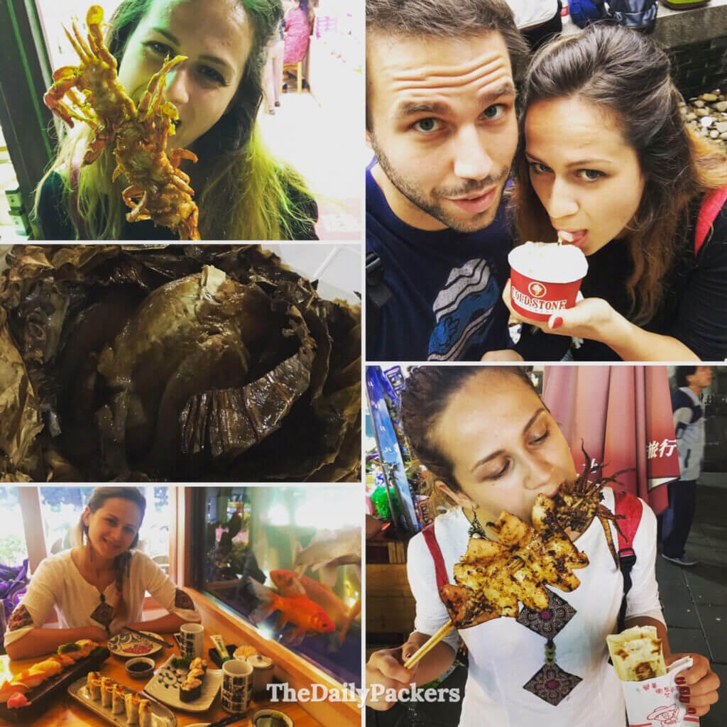 Collage culinaire avec snacks de rue, poulet du mendiant, sushi et glace à Hangzhou, Chine