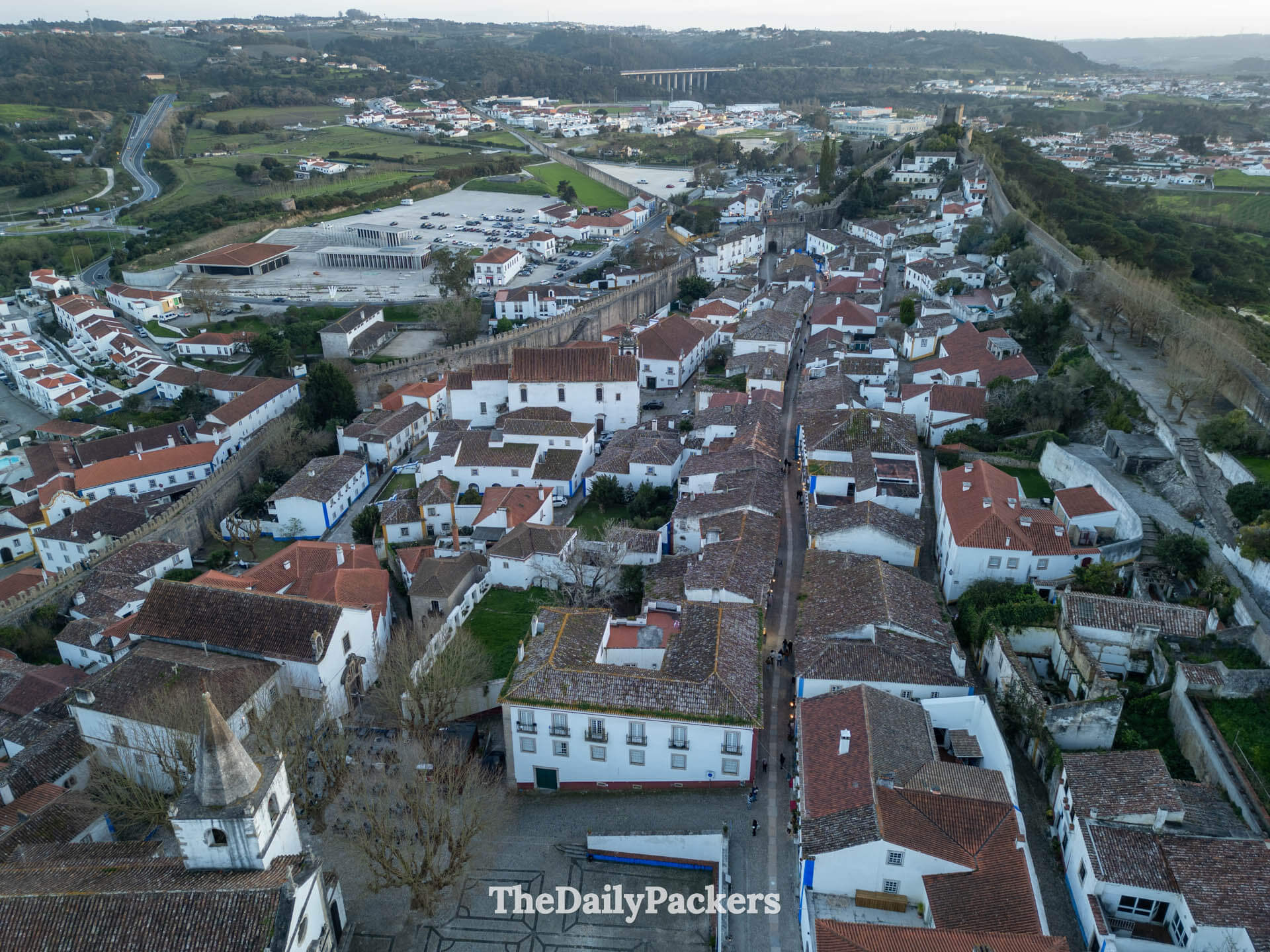 Overhead view of the cobblestone streets and buildings inside the walls of Obidos.