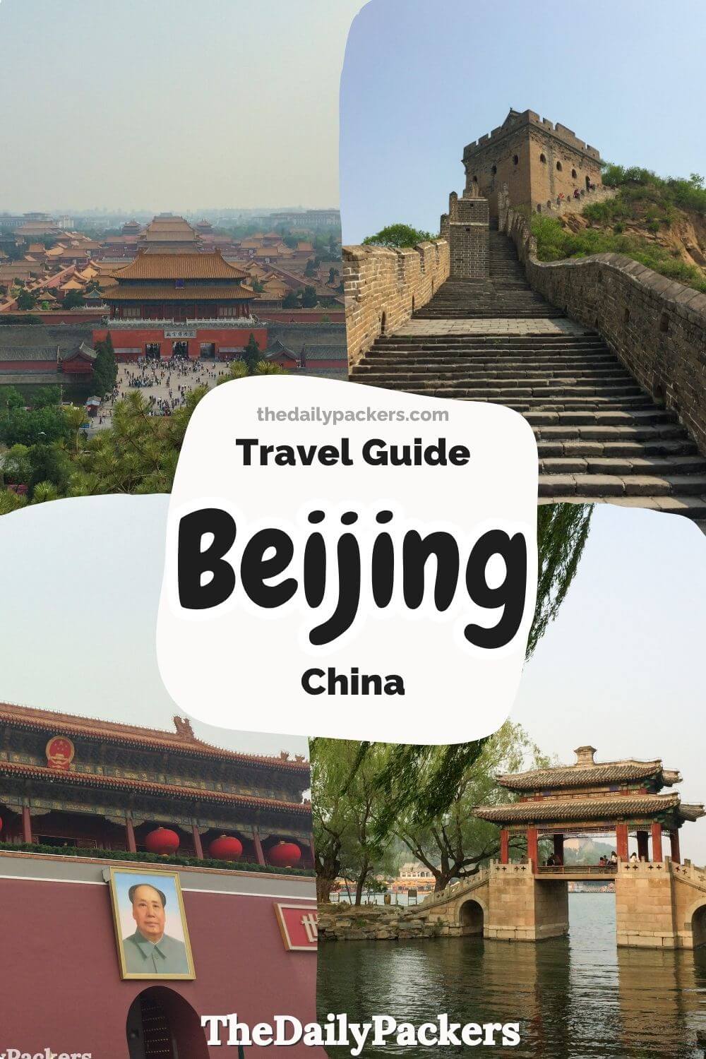 Beijing China travel guide collage: Forbidden City, Great Wall, Tiananmen Gate, Summer Palace