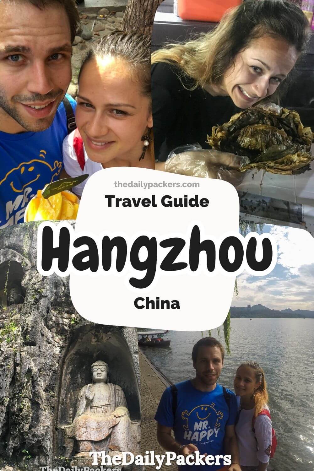 Pinterest travel guide collage of top attractions and food highlights in Hangzhou, China