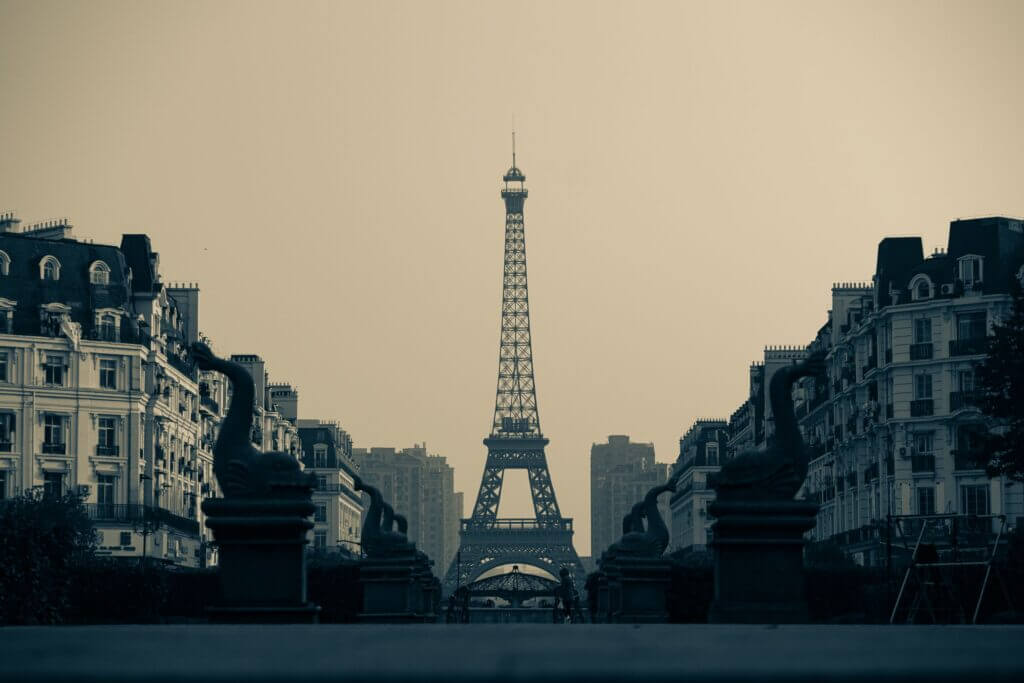 View of the Eiffel Tower replica in Tianducheng with surrounding architecture, creating a unique urban atmosphere.