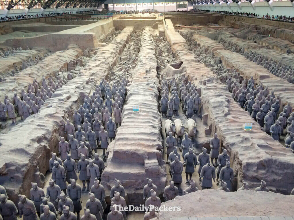 Excavated trenches with terracotta warriors lined in formation, Xi'an, China