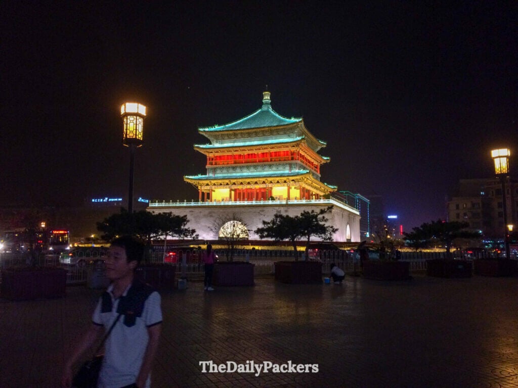 Xi'an Bell Tower illuminated at night in the city center